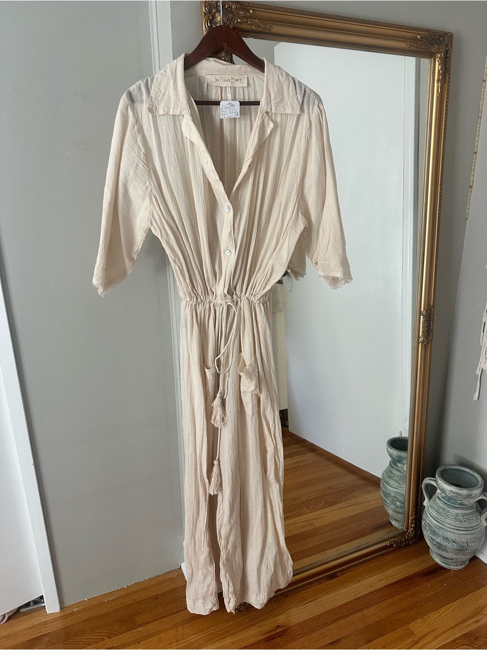 Free People Boho Cream Button-Front romper with Drawstring Waist